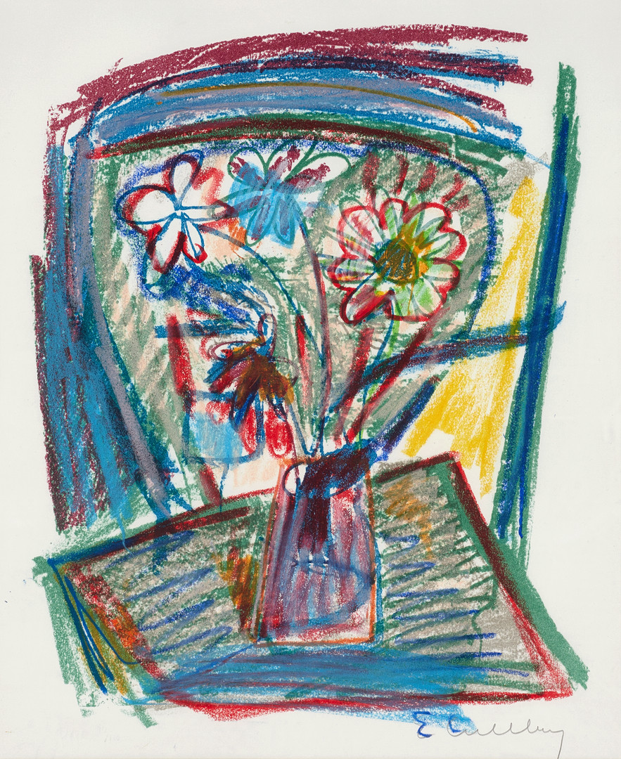 Blomsterstilleben, signerad, pastell på grafisk botten.