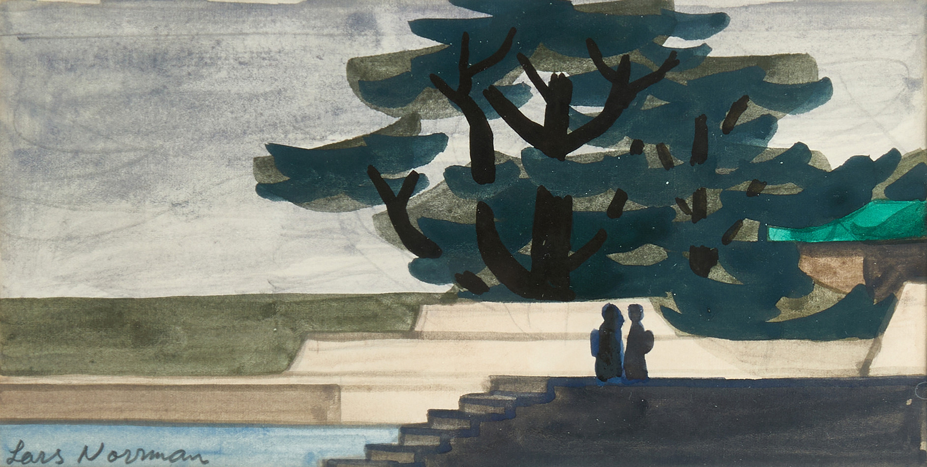 Promenerande par, signerad, gouache.