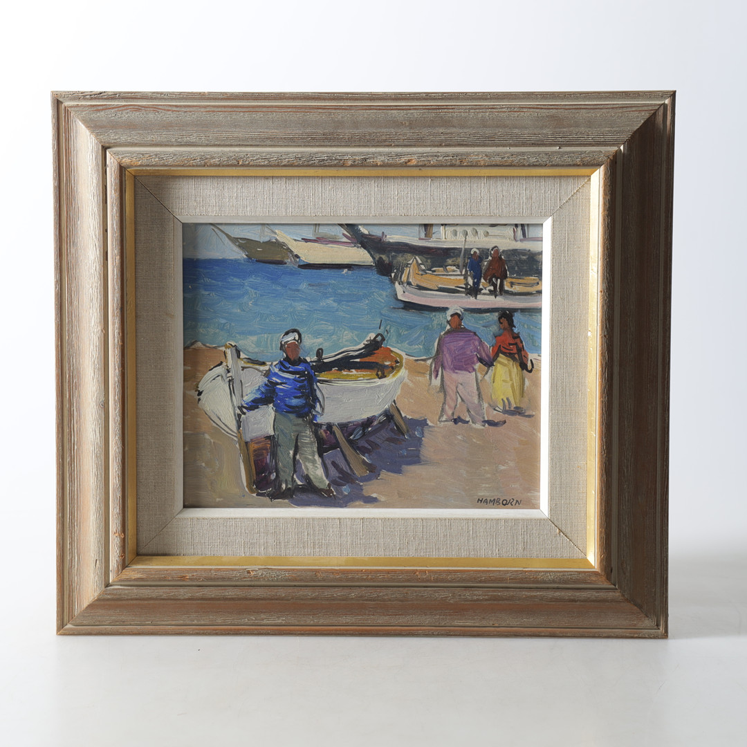 "Båten målas", olja på pannå, signerad, 1960-tal.