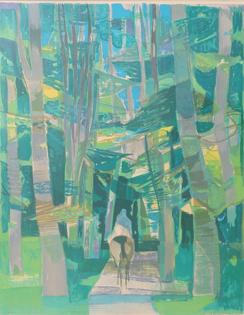Abstrakt skog med ridande figur, litografi, signerad, numrerad E.A.