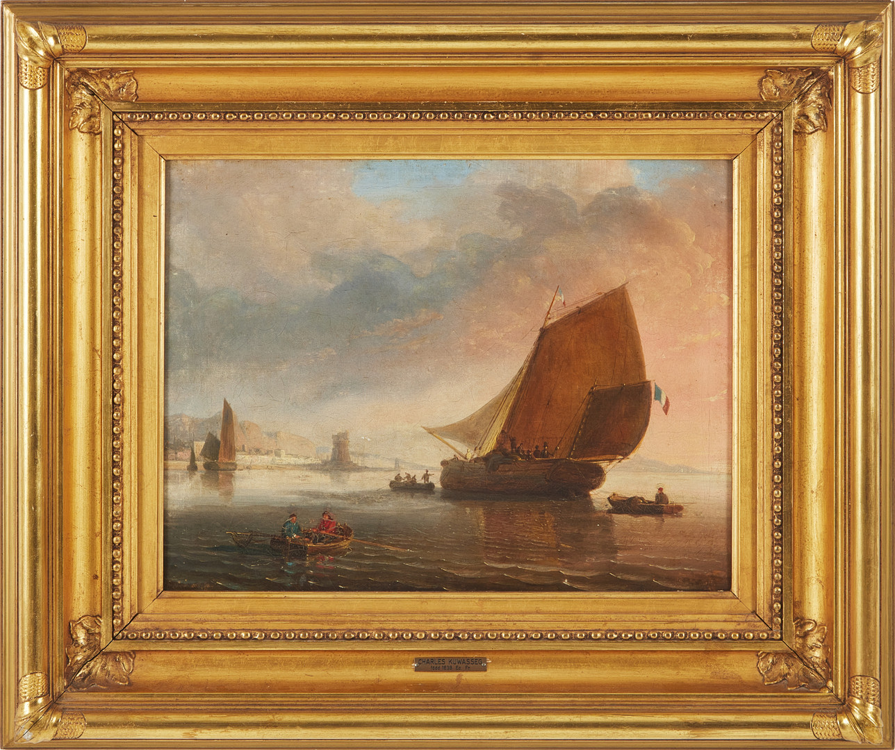 Kustmotiv med segelbåtar, olja på duk, signerad.