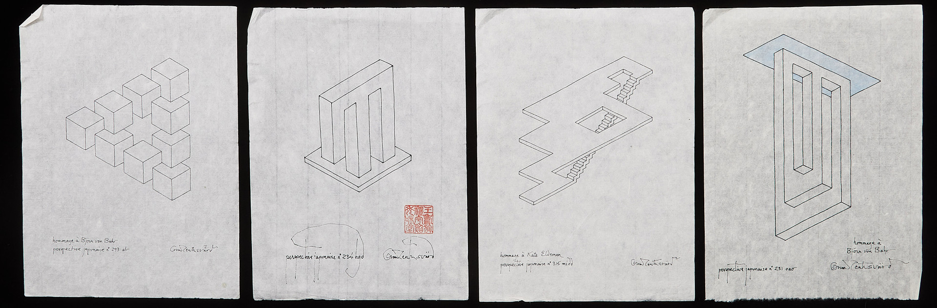 "Perspective Japonaise", No 315, No 234, No 231 samt No 293, 4 st, tusch på japanpapper, samtliga signerade.