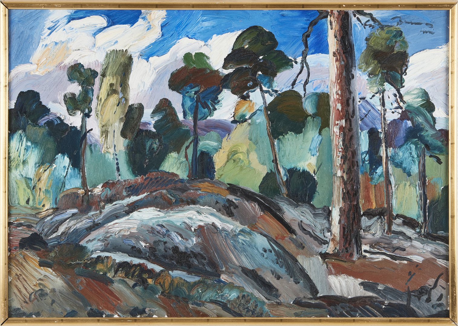 "På skogsåsen (juni)", oljemålning på duk, signerad Brunius.
