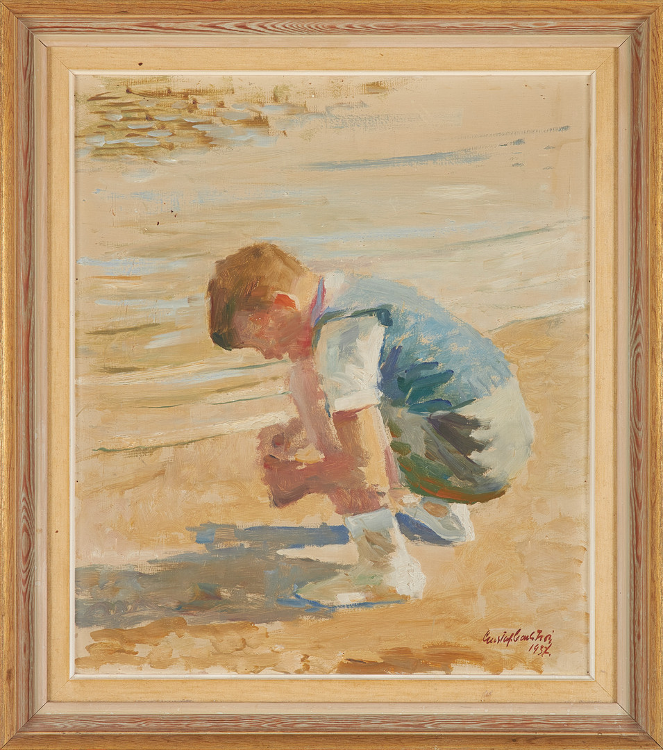 pojke vid strandkant, olja på pannå, daterad 1937.