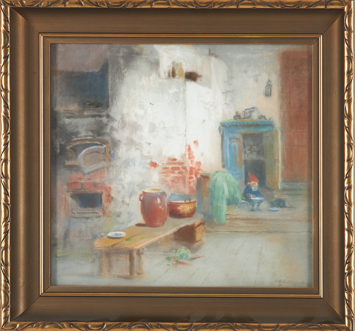 Interiör med liten tomtenisse, pastell, signerad.