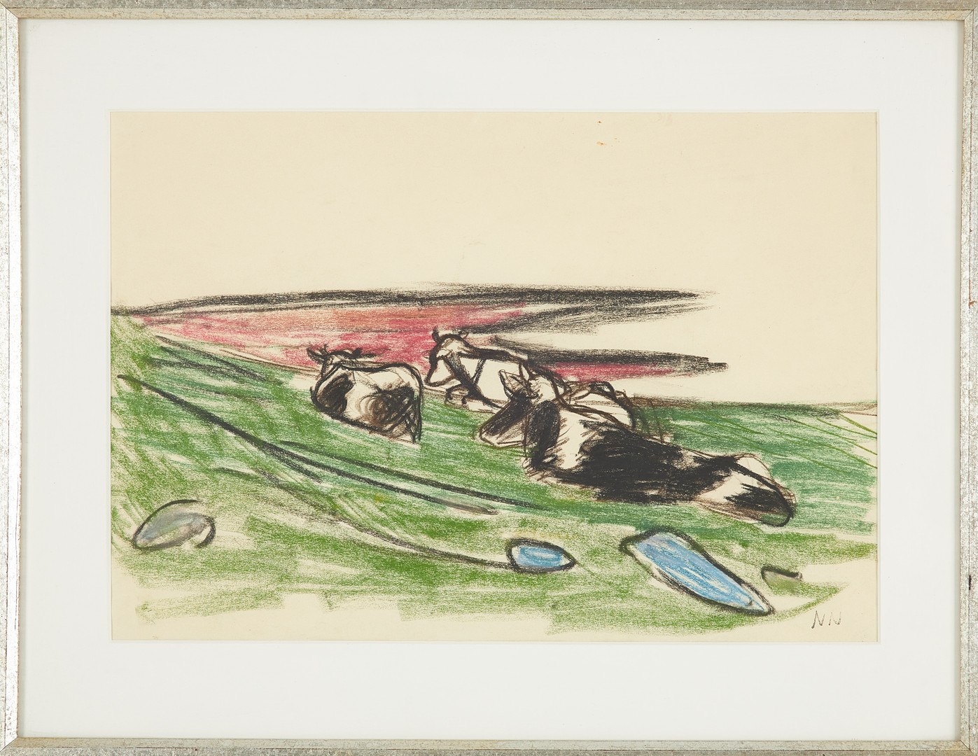 Vilande kor, teckning, pastell på papper, stämpelsignerad NN.