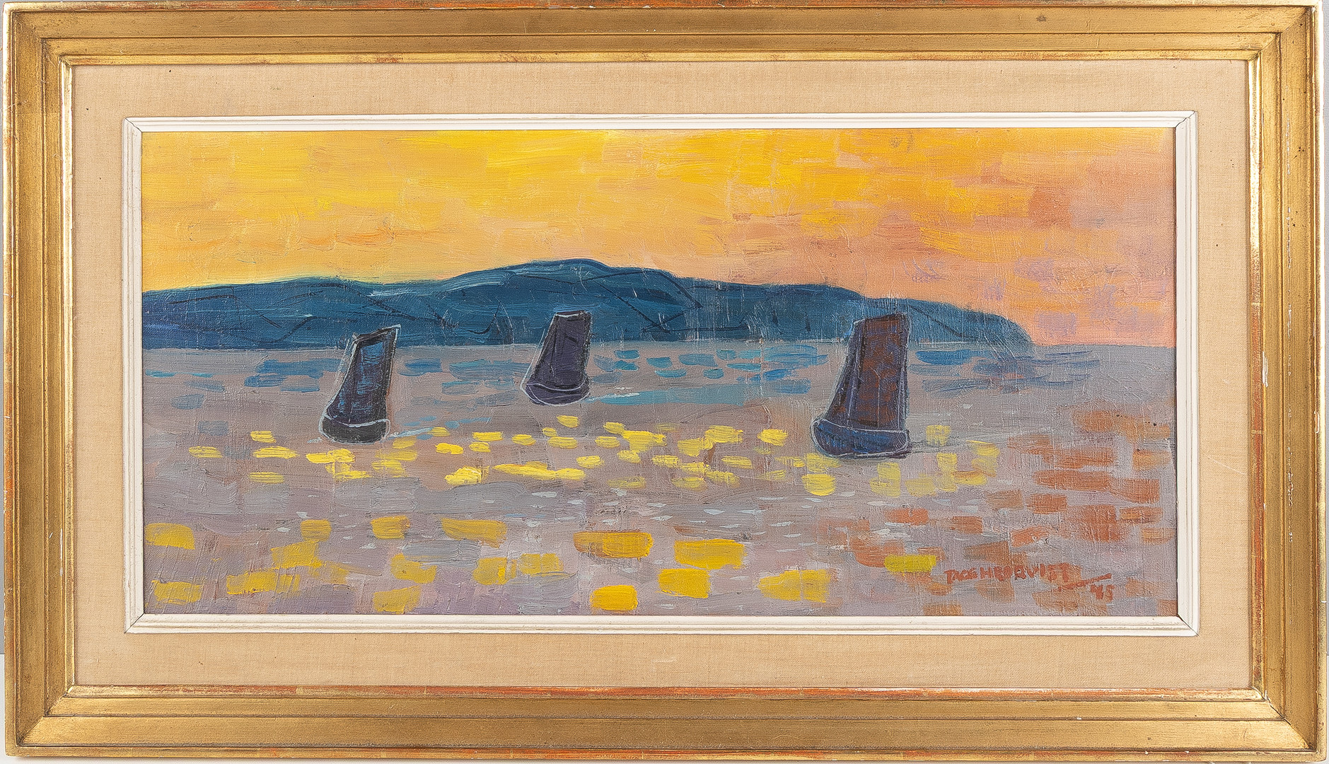 Olja på duk, "Solnedgång vid Kullen", signerad.