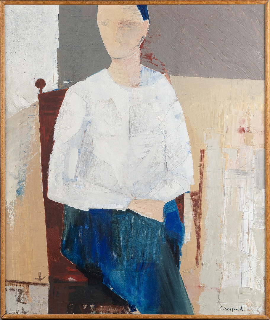 "Figur i röd stol", blandteknik på duk, signerad och daterad 1958.