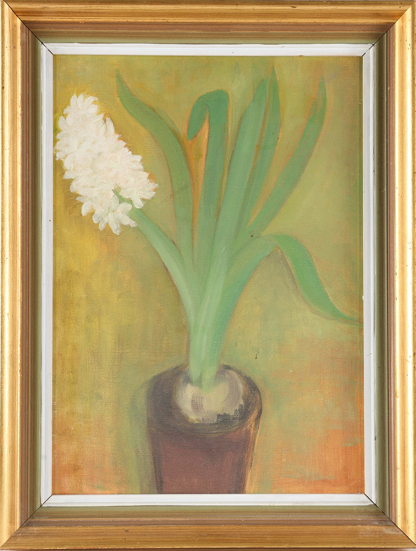 Blomsterstilleben med krukväxt, olja på pannå.