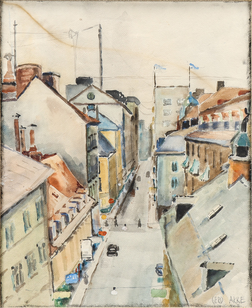 Akvarell, "Stadsbild", signerad.