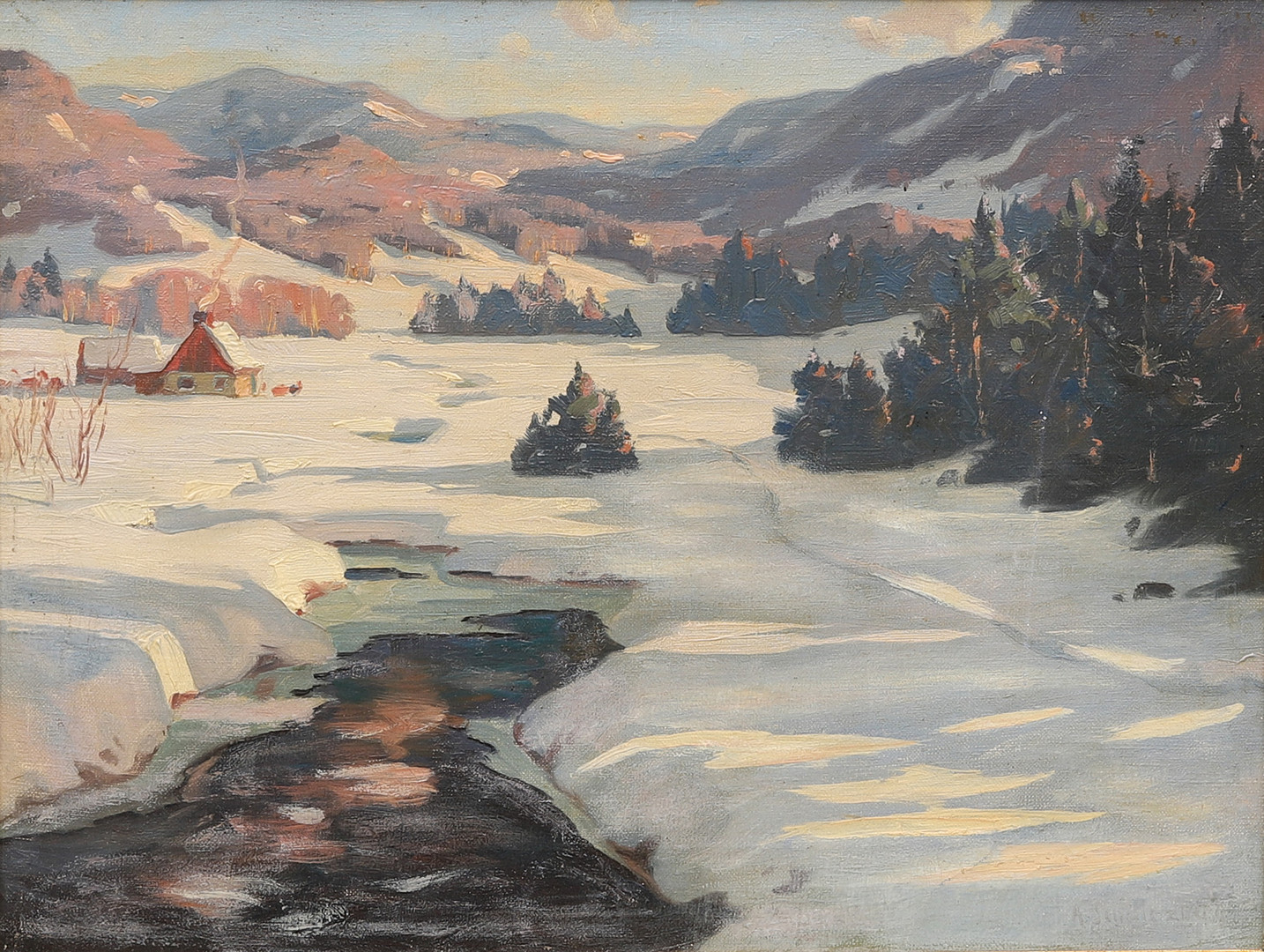 Soligt vinterlandskap, olja på duk, signerad (blekt).