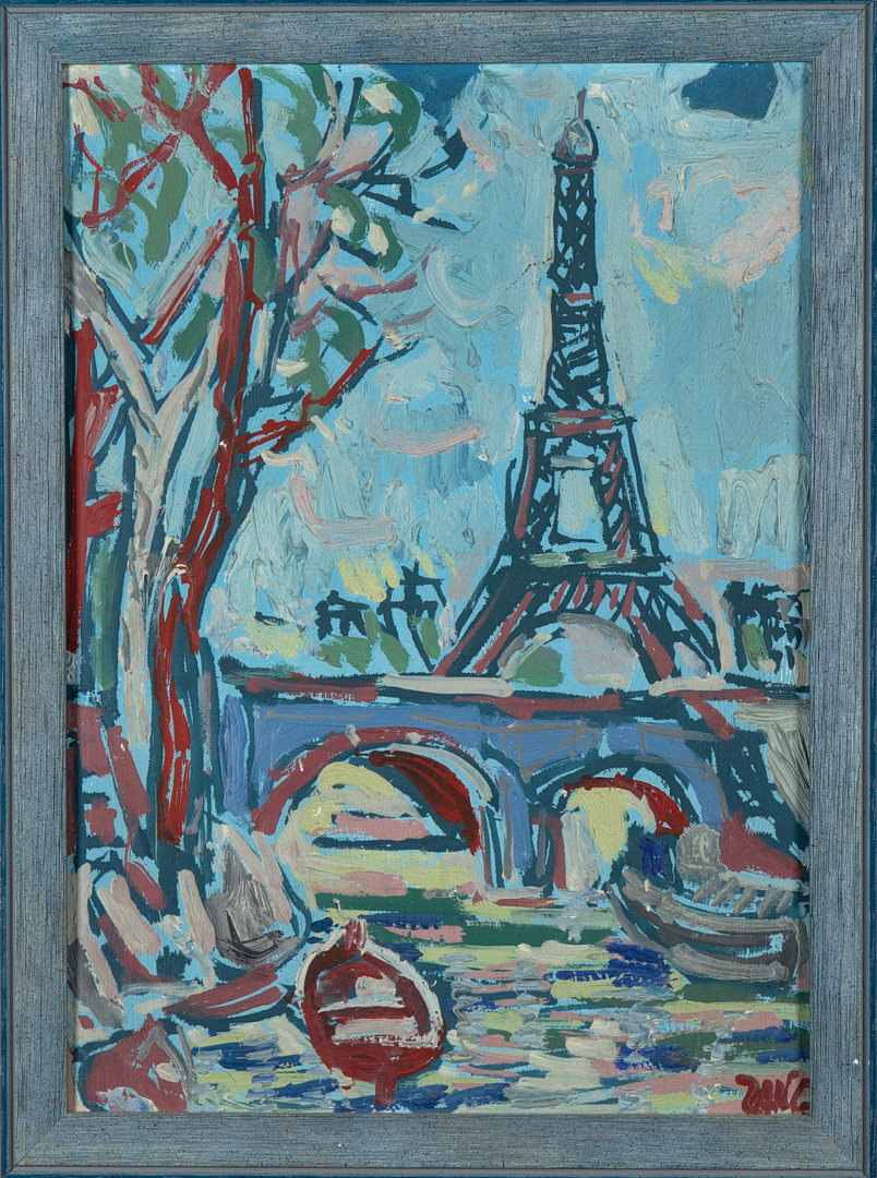 Paris Eifelturm. 1950er Jahre. Kleine Öl- Mischtechnik auf Holz. 40 x 30 cm. (87-1).