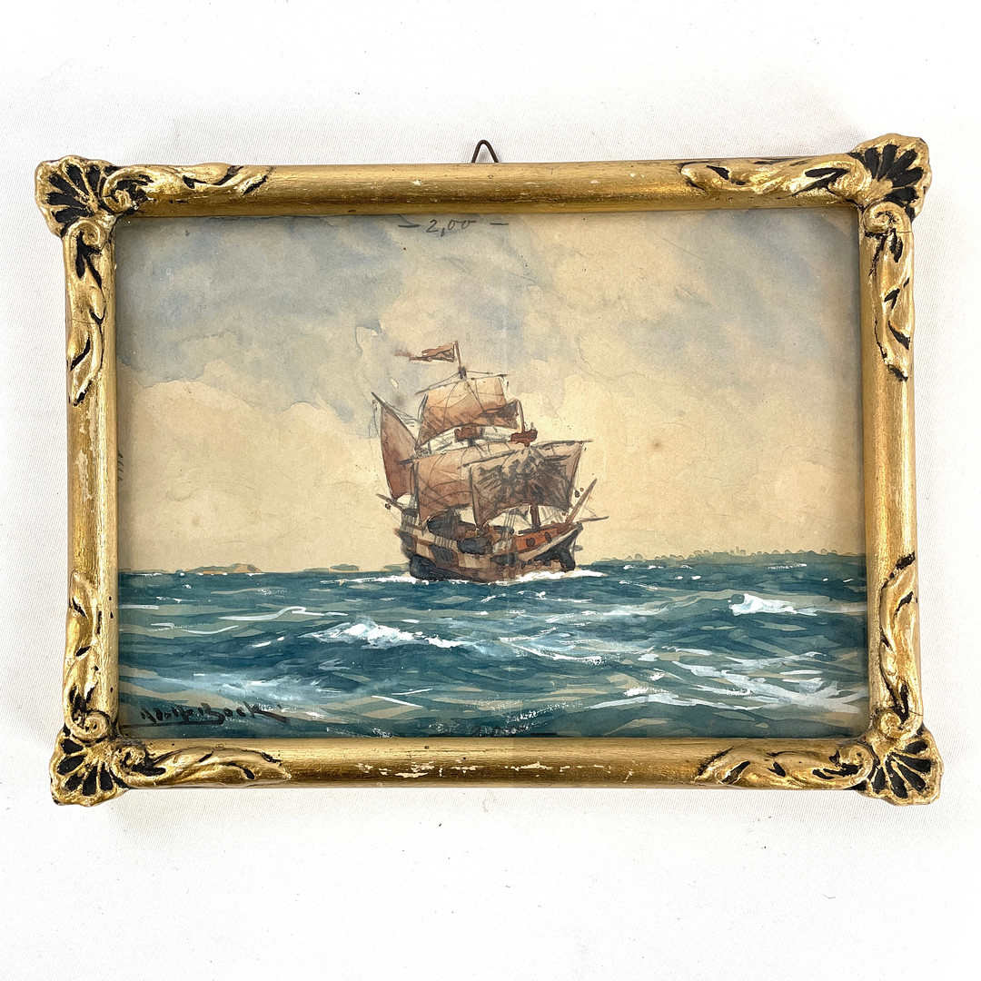 Blandteknik, motiv av segelskepp på havet, signerad.