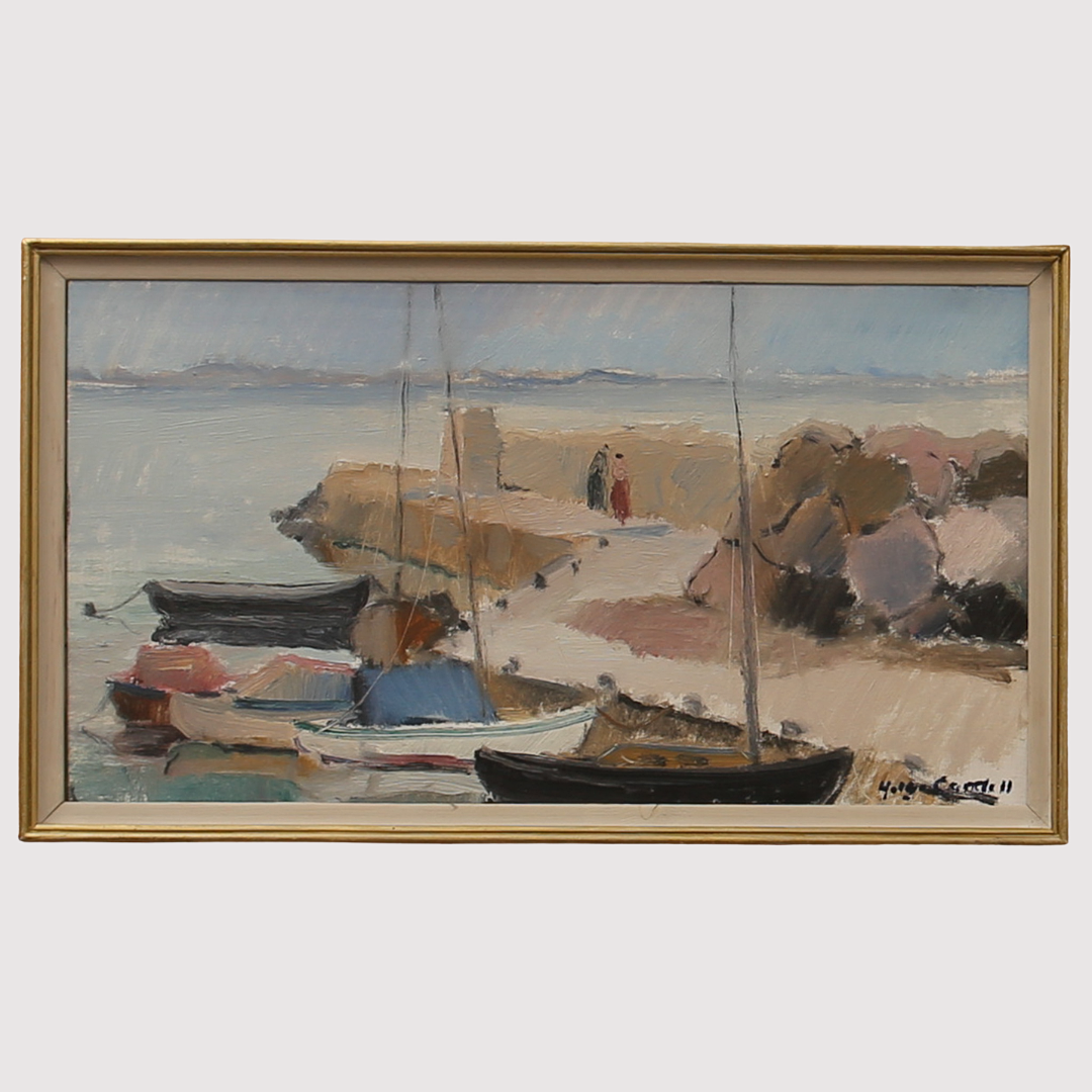 Olja på duk, "hamnen Ramsjöstrand", signerad.