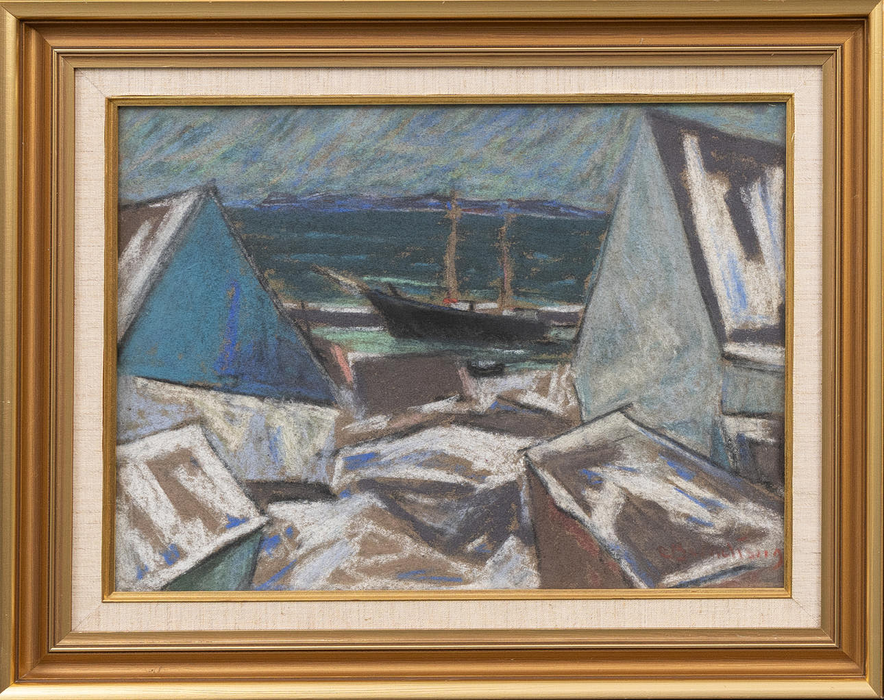 Pastell, "Ålabodarnas hamn" signerad.
