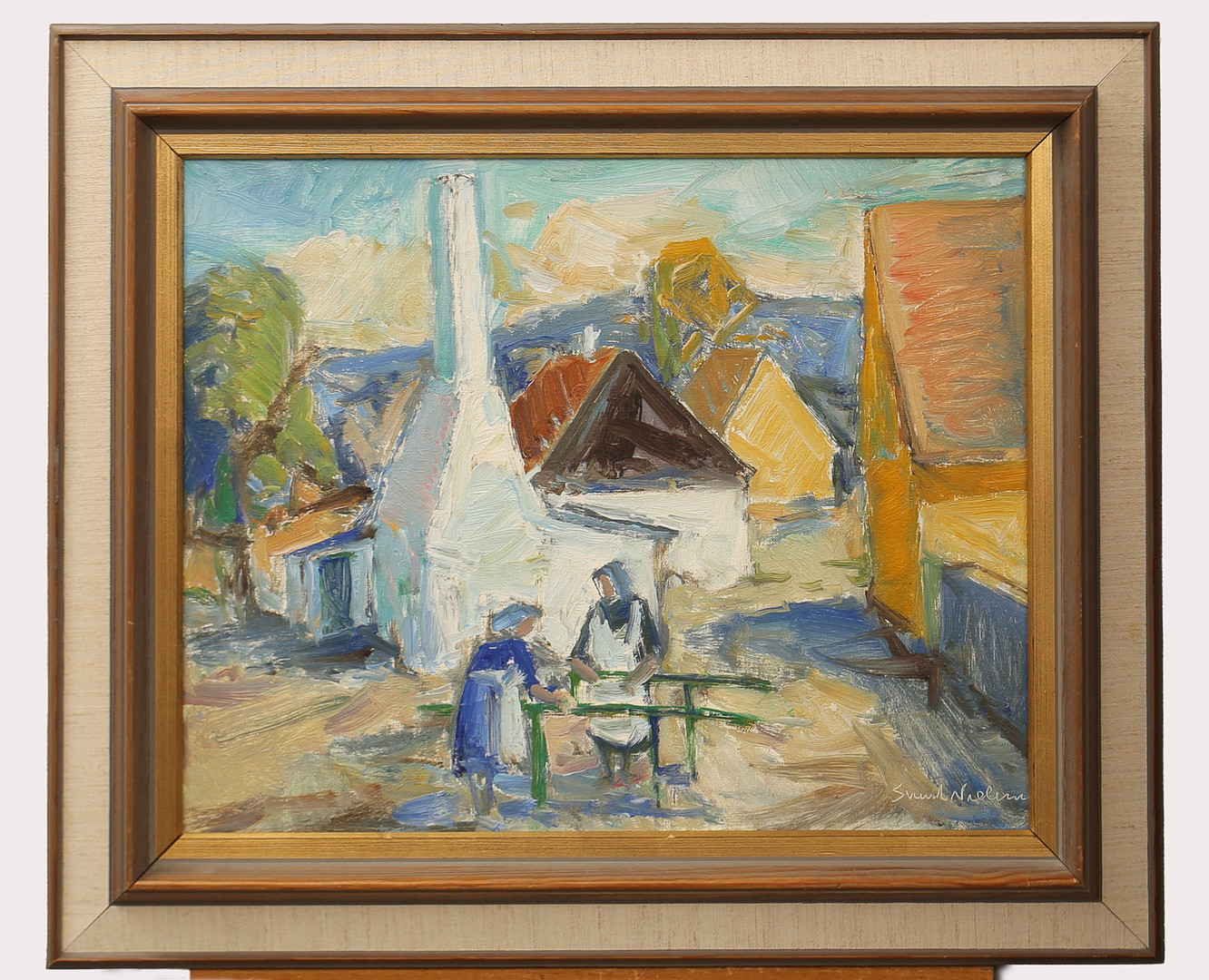 Olja på duk, "Sillrökeri", signerad, Bornholm 1975.