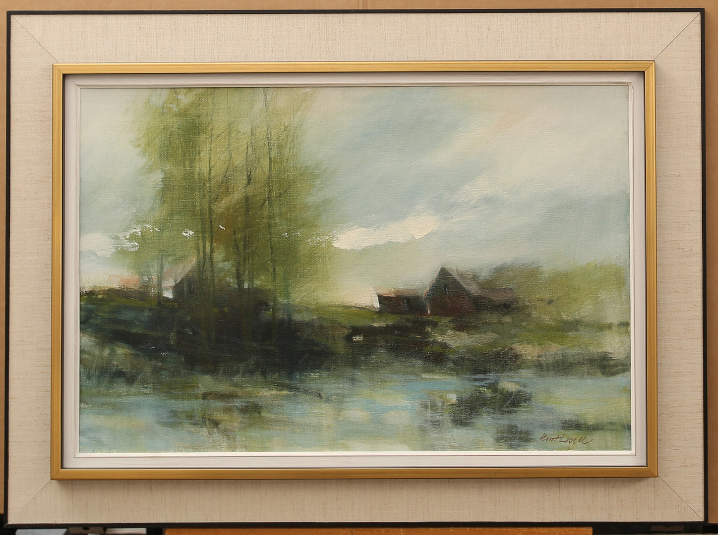 Olja på duk, skogsgård, signerad.