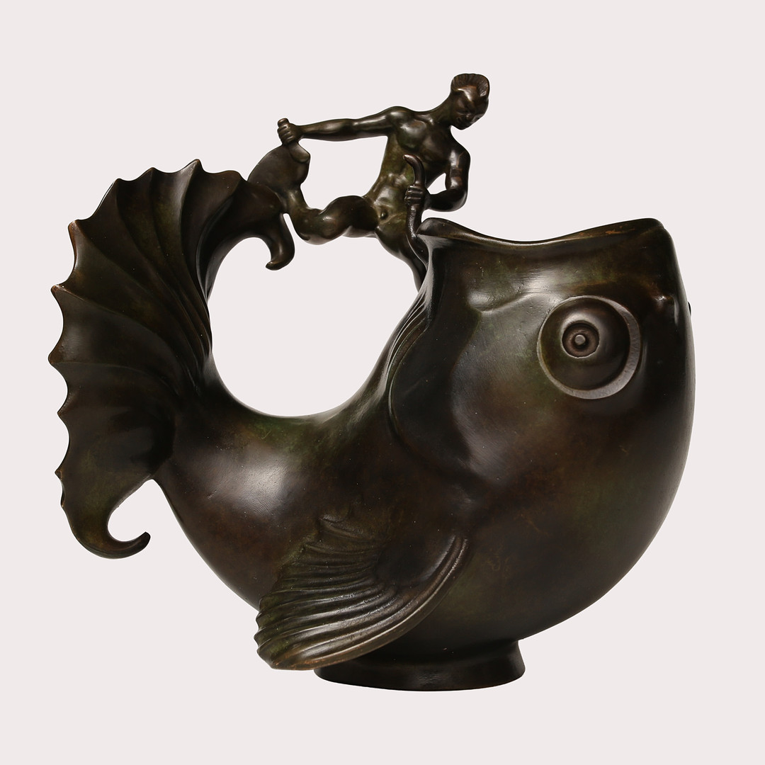 Skulptur, "Merman and fish", brons, modell nr B78, Danmark. Ovanlig modell!