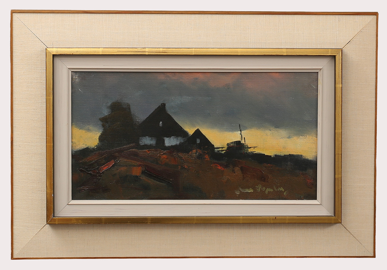 Olja på duk, hus på kulle, signerad.
