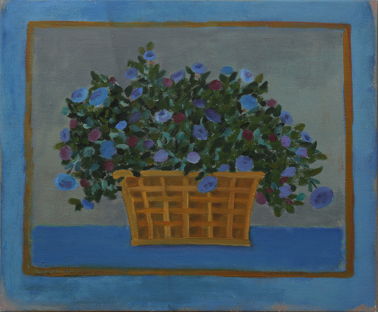 Olja på duk, stilleben med blommor i korg, signerad.