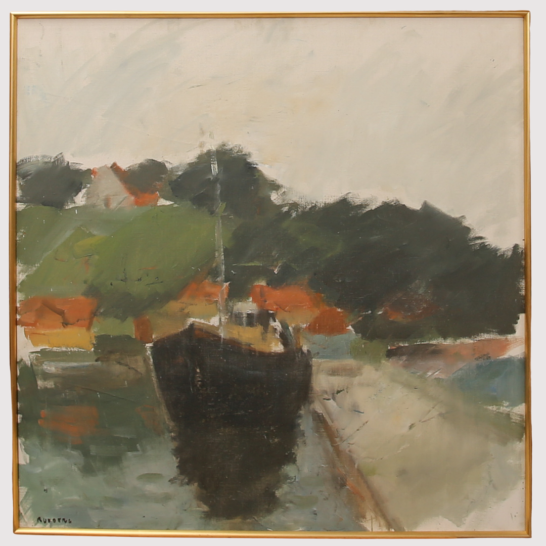 Olja på duk, hamnbild, Ven, St. Ibb, signerad Rudberg.