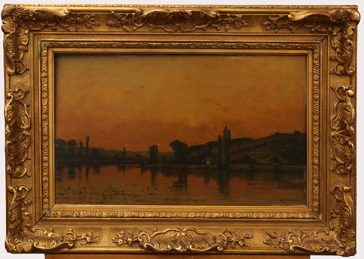 Olja på pannå, landskap med sjö, signerad , daterad 1906.