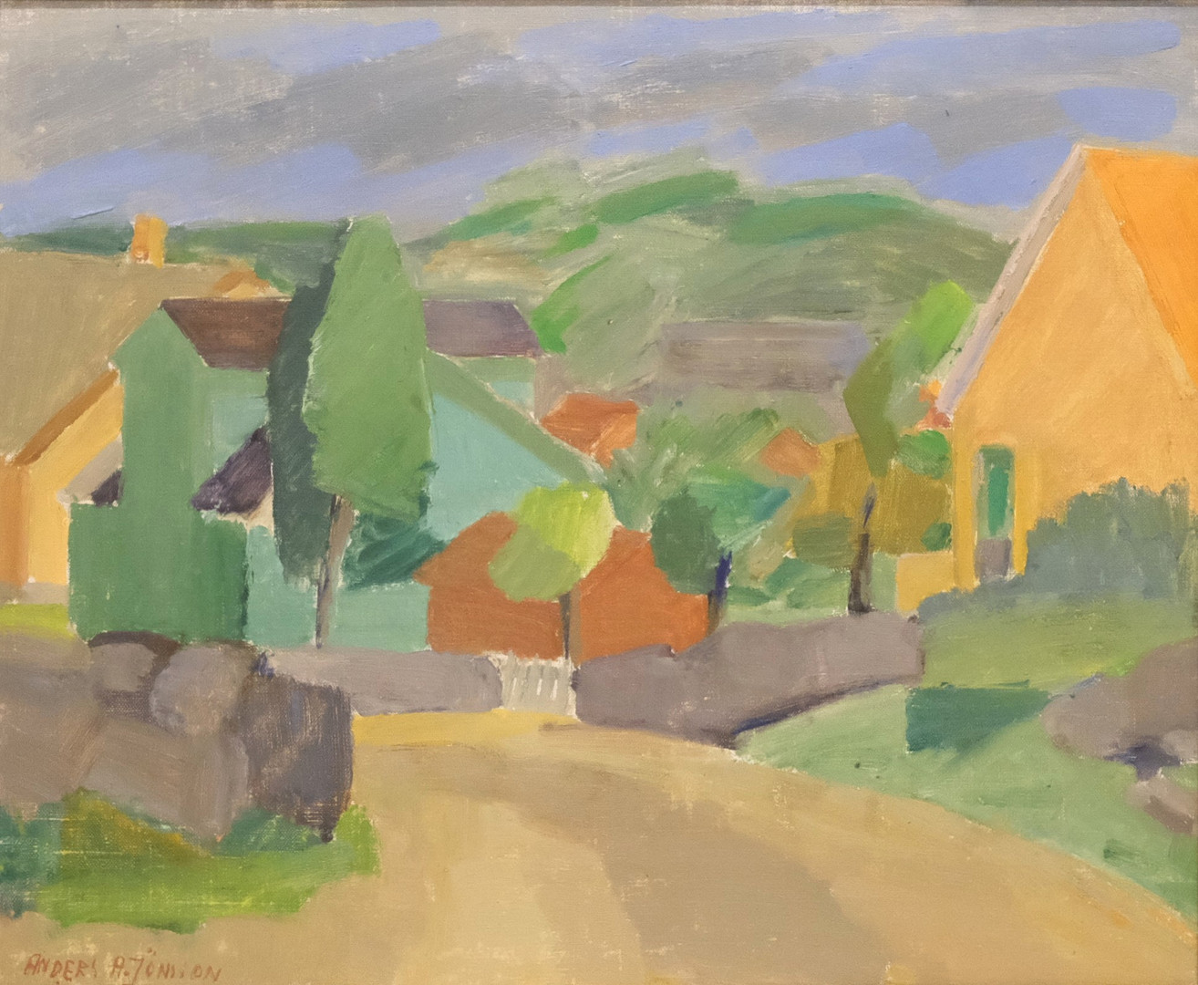 LANDSKAPSVY MED HUS, OLJA PÅ DUK.