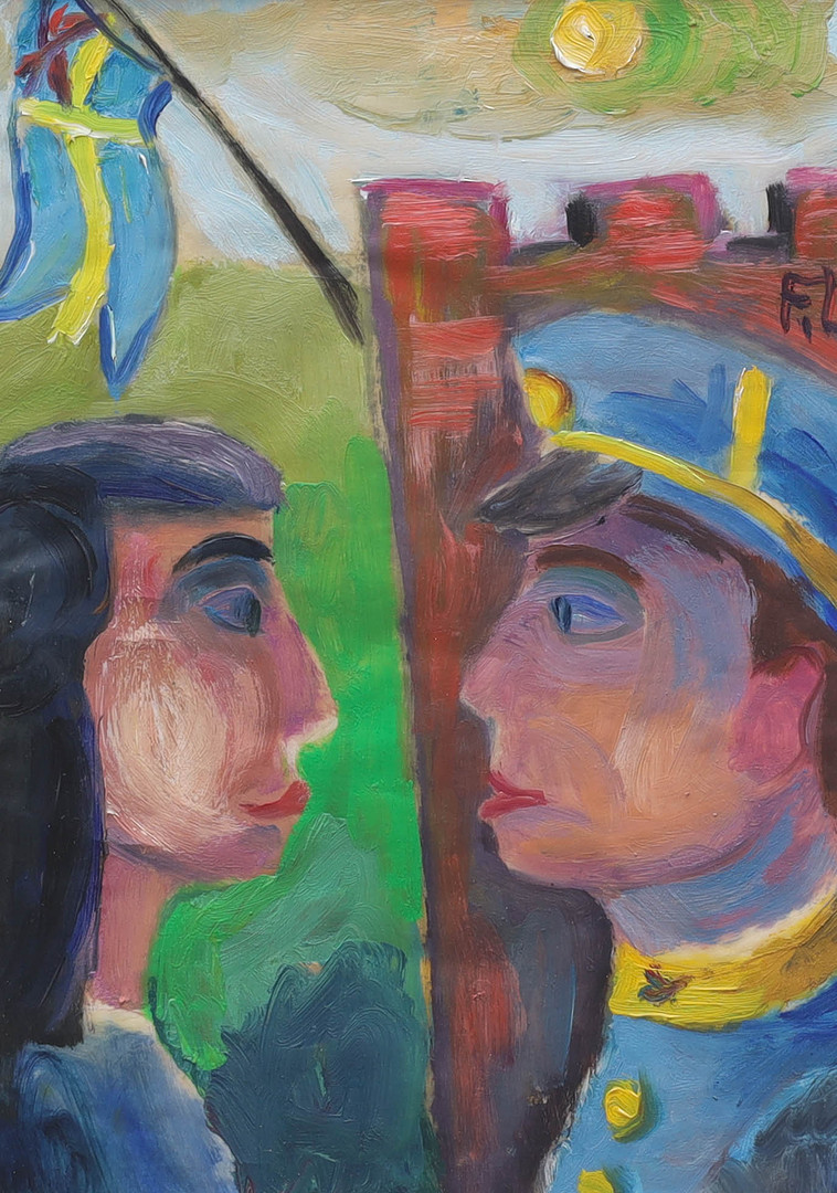 olja på papper, figurscen vid slott, monogramsignerad F.L.