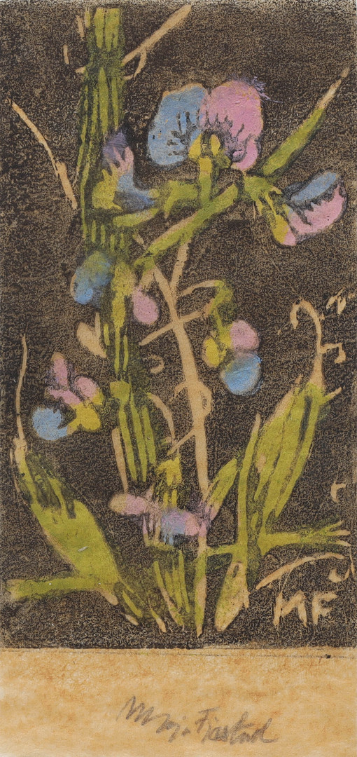 färgträsnitt, handtryck, "Rosenvial", monogramsignerad MF i trycket, signerad i blyerts.