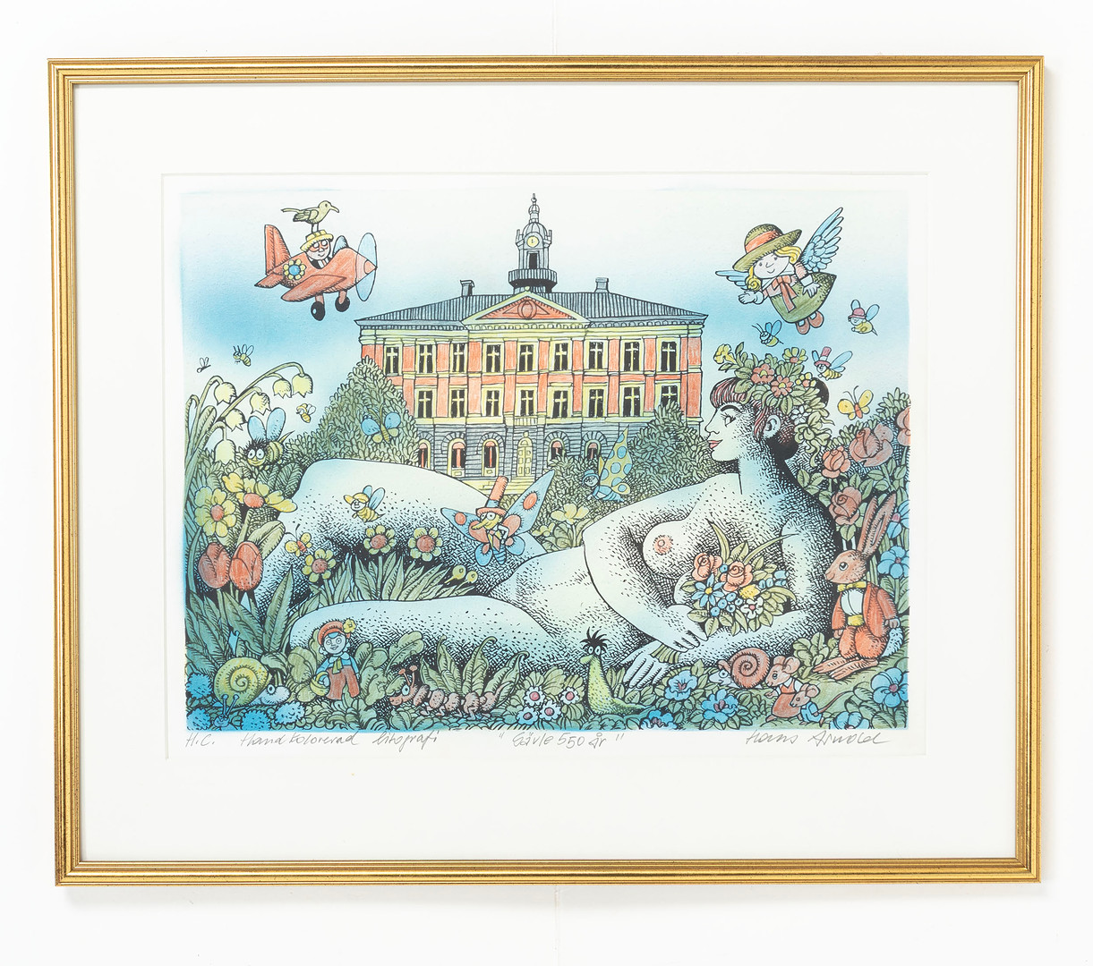 "Gävle 550 år", handkolorerad litografi, signerad HC.