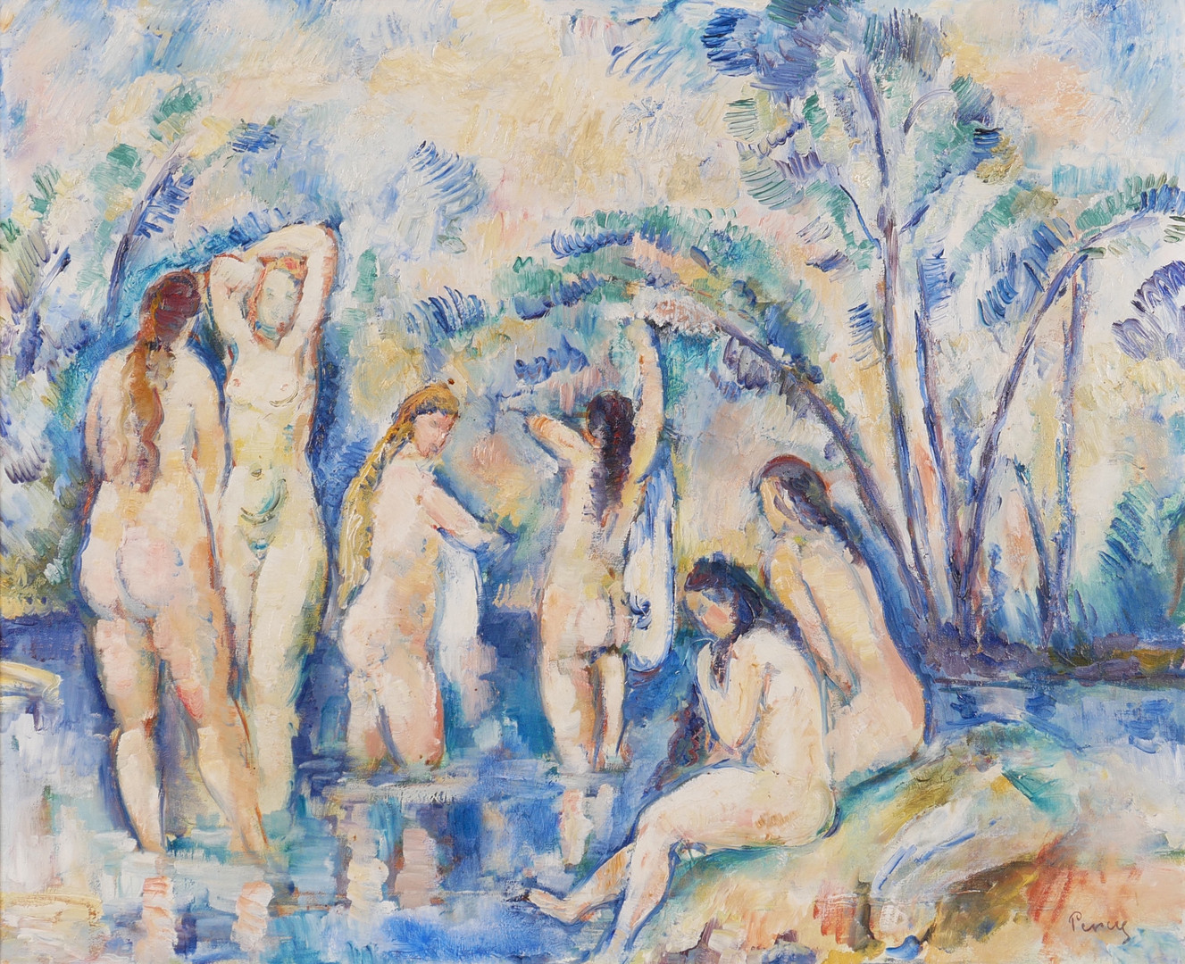 "Badande kvinnor", olja på duk, 1910-tal, signerad Percy.