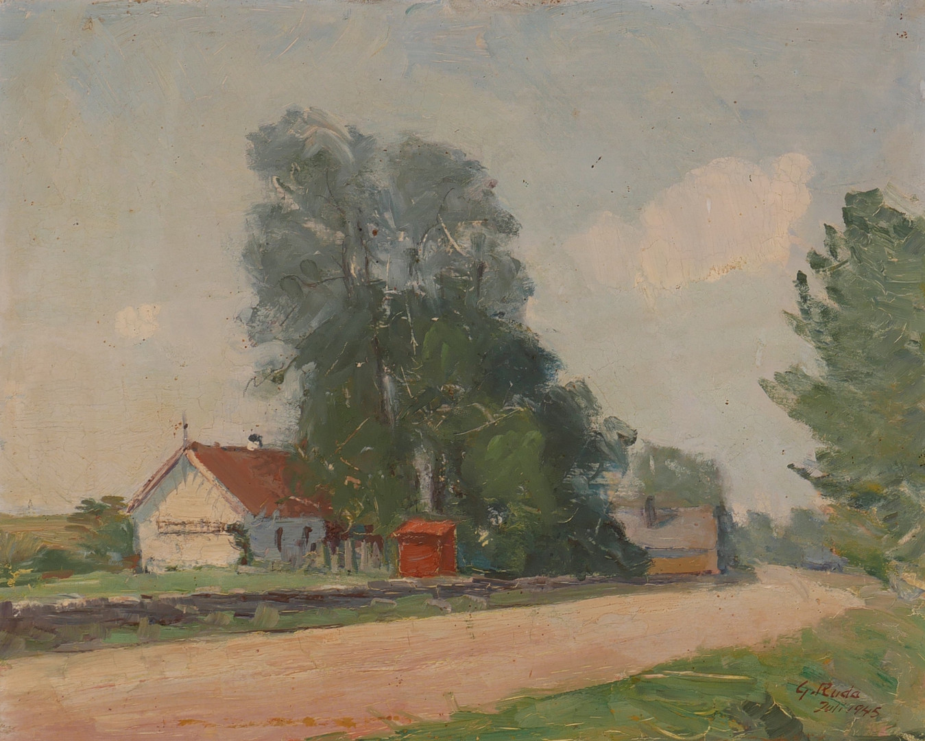 Landskap med hus och väg, olja på pannå, signerad G. Ruda Juli 1945.
