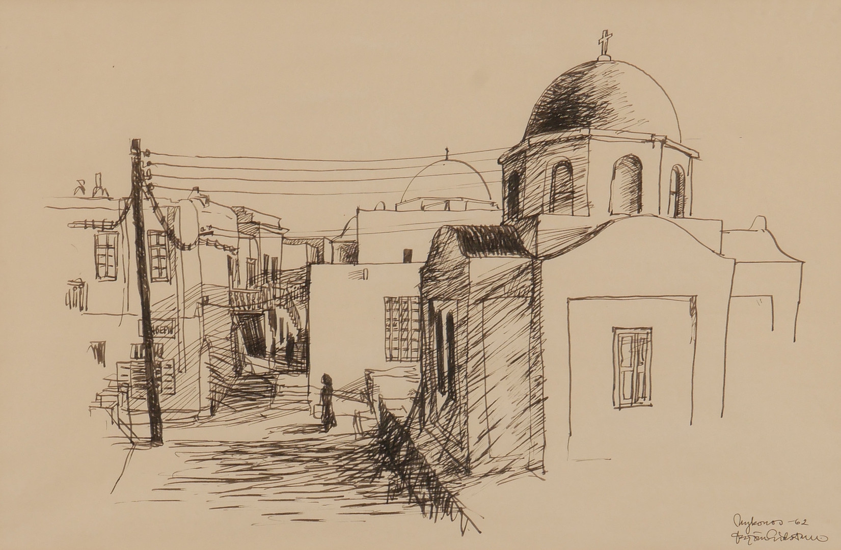 "Mykonos", teckning, signerad Björn Gidstam -62.