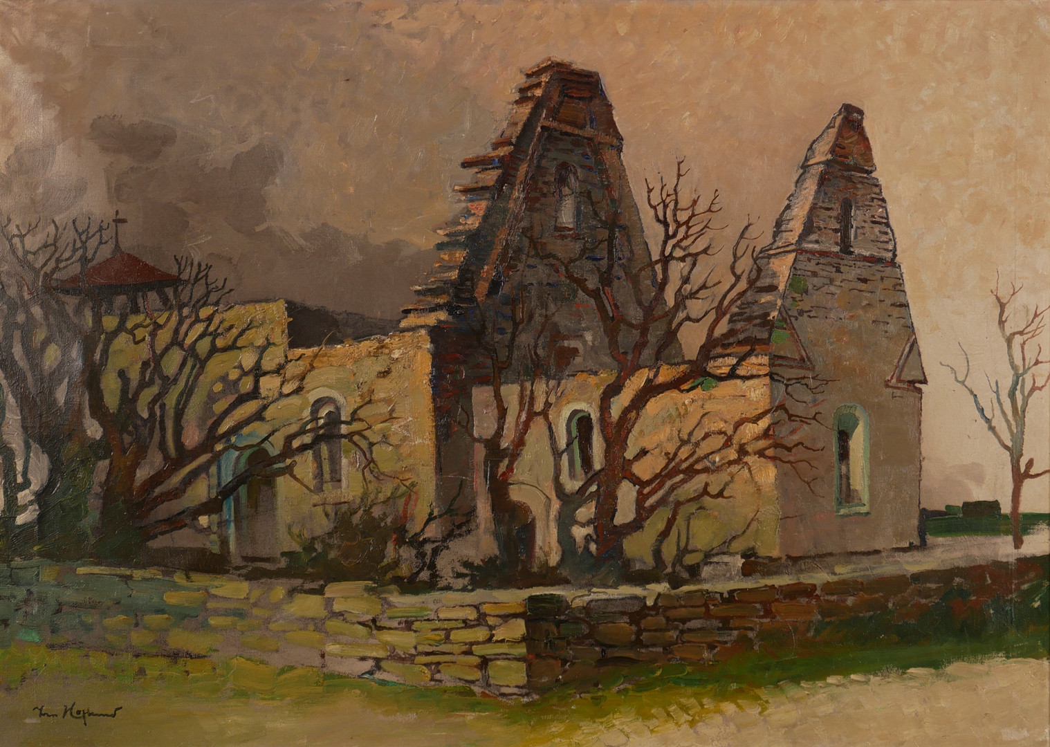 "Ödekyrka", olja på duk, signerad Ivan Hoflund.