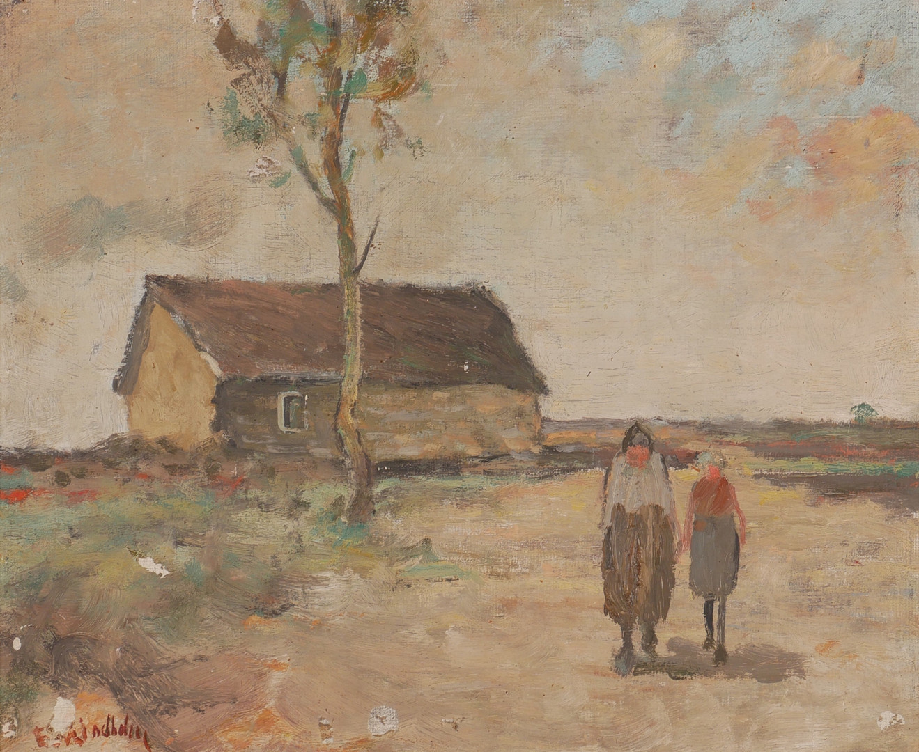 "Huset på Alvaret, Öland", olja på pannå, signerad Edv. Lindholm.