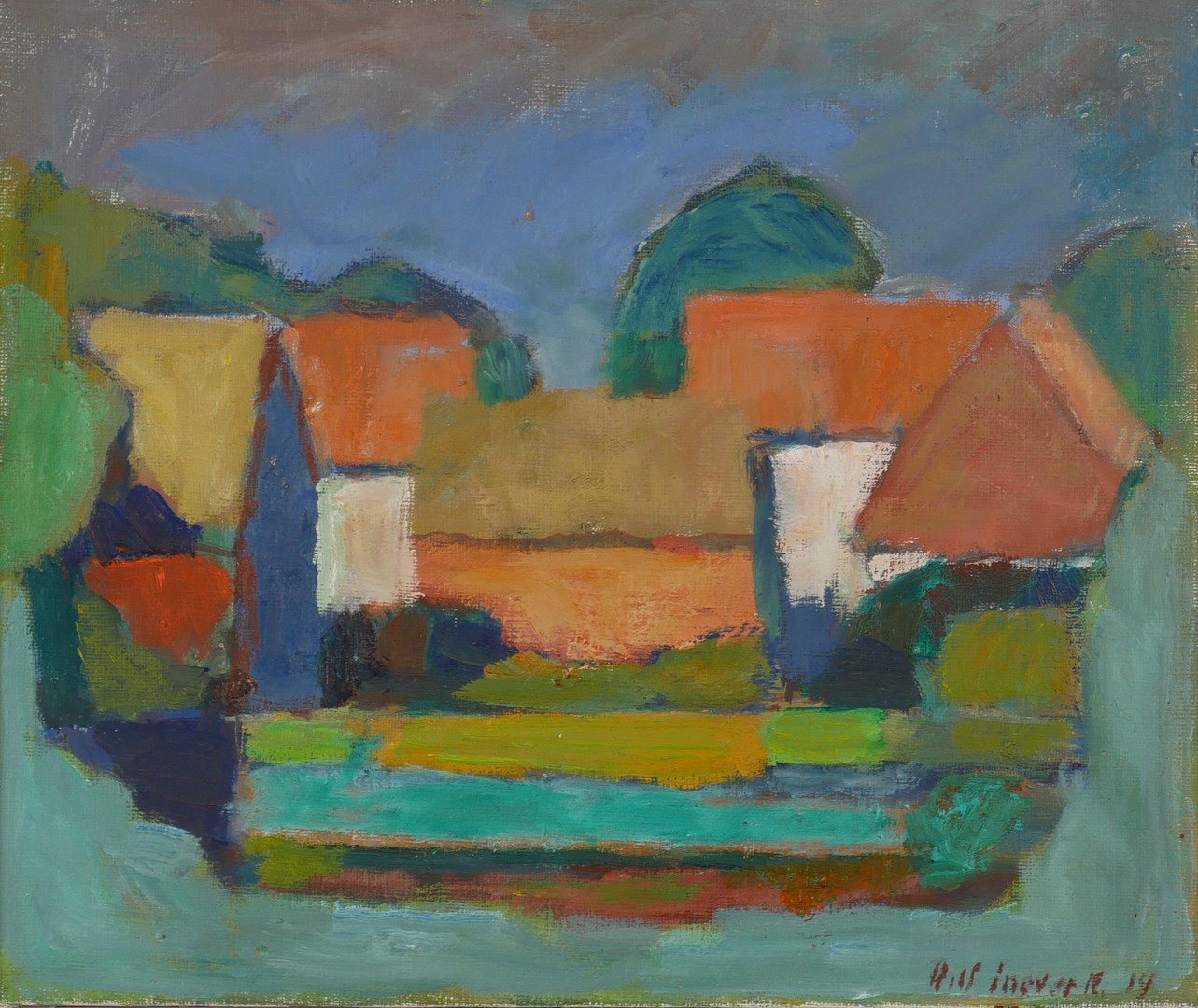 "Ölandsby", olja på duk, signerad Rolf Ingvar K. 19.