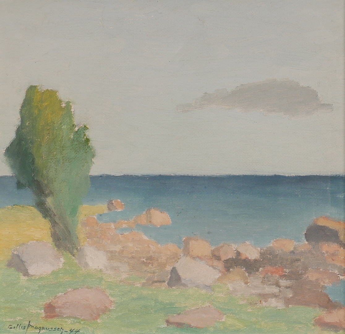"Ensam en i v. skärgården", olja på pannå, signerad Gillis Magnusson -44.