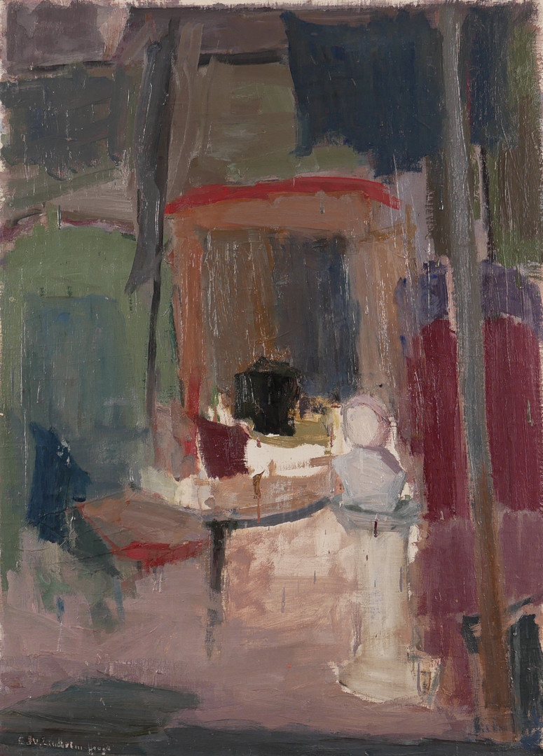 "Interiör med byst", olja på pannå, signerad Edv. Lindholm-Houge.
