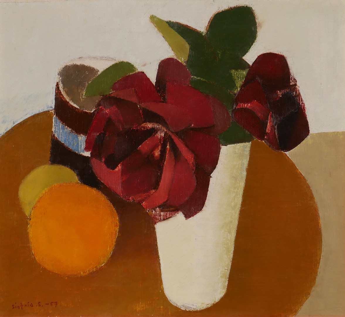"Rosor och grapefrukt", stilleben, olja på duk, signerad Sigfrid .S. -57.