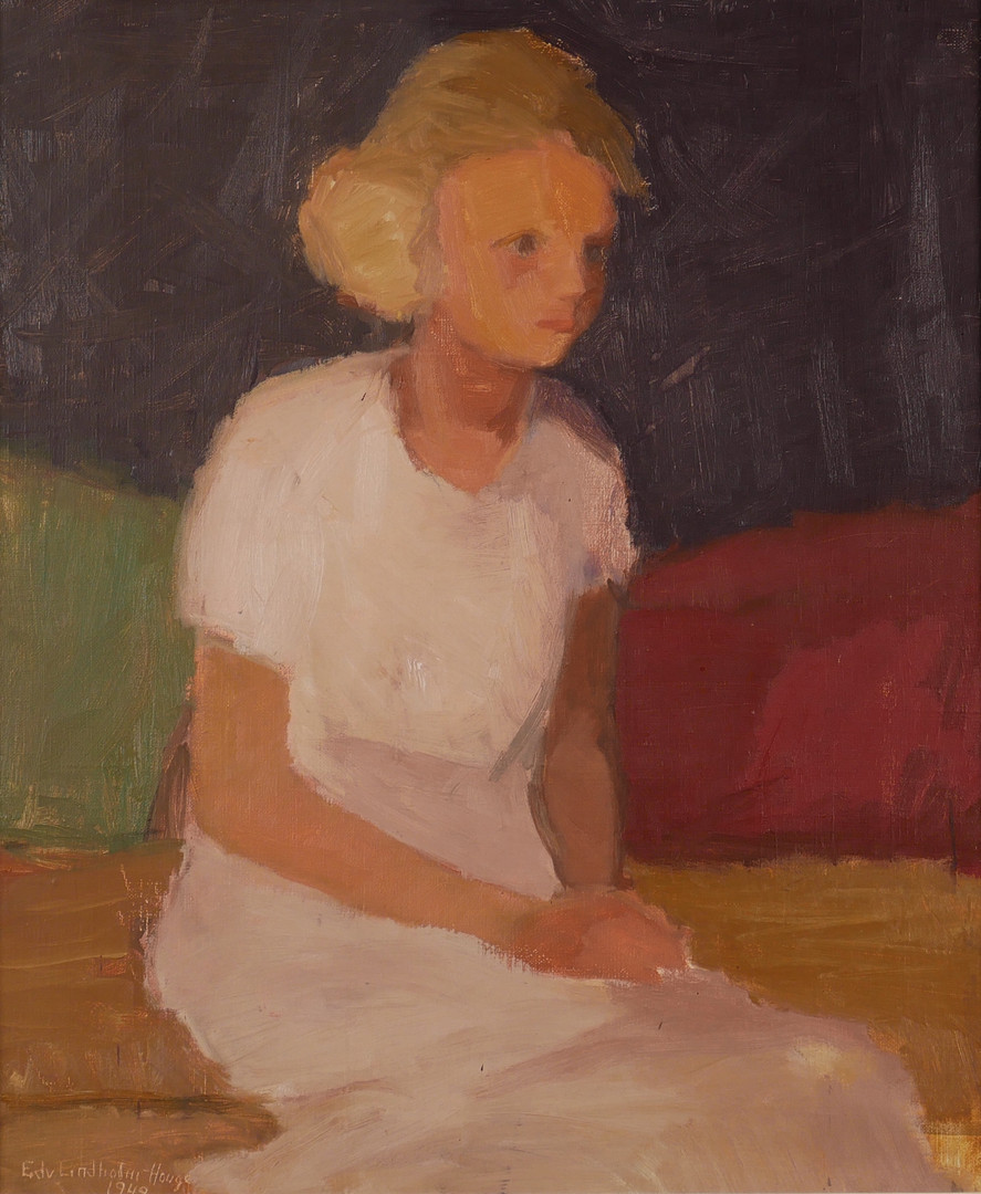 Flickporträtt, olja på duk, signerad Edv. Lindholm-Houge 1949.