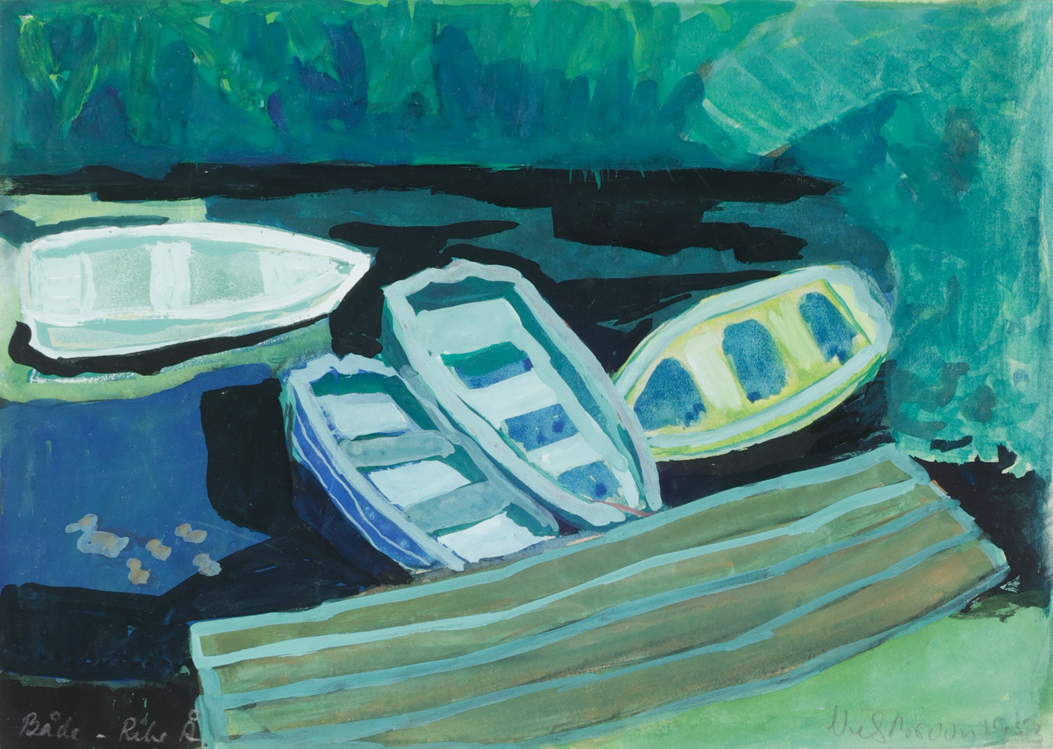 Komposition 'Både - Ribe Å', tempera, signeret og dateret 1953.