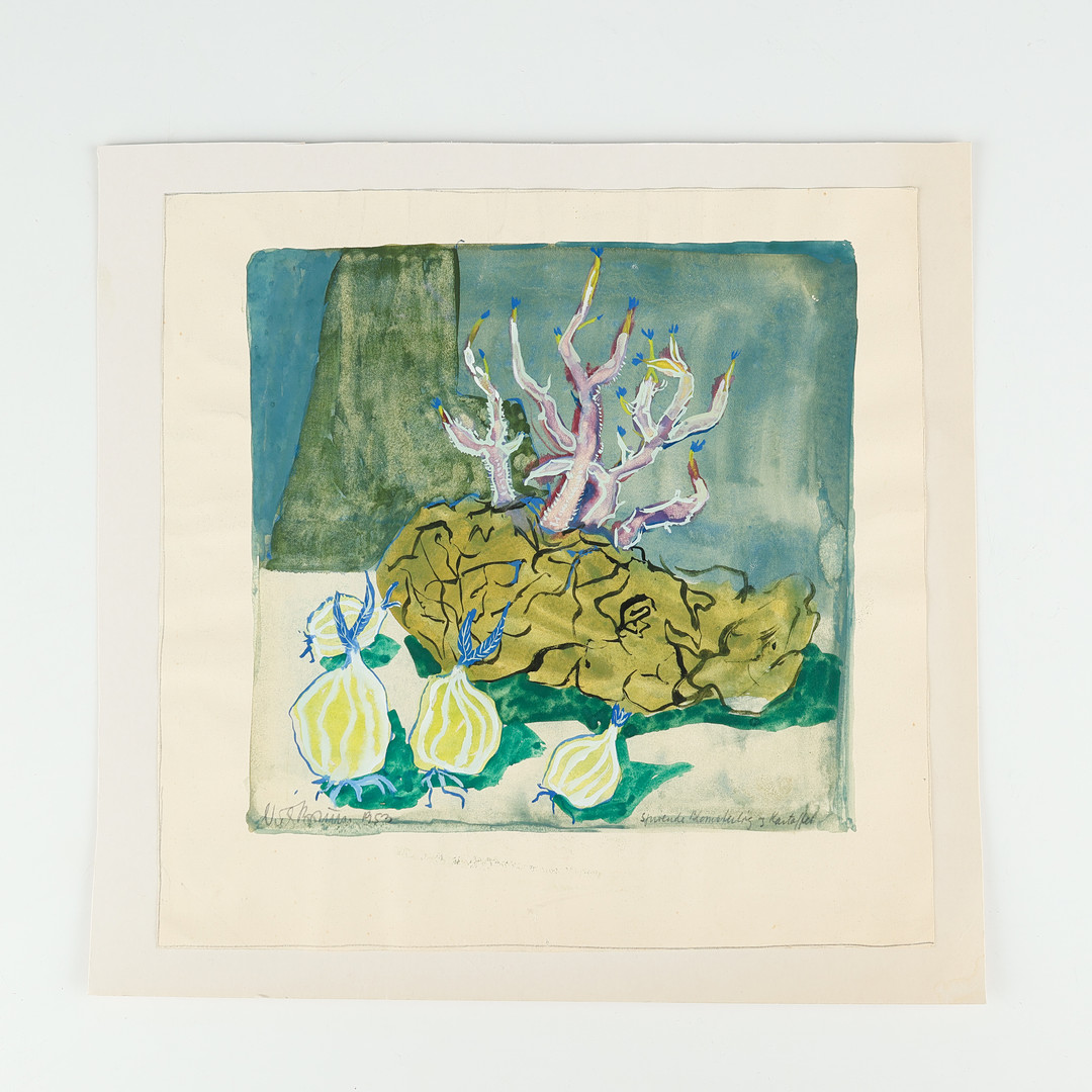 Stilleben 'Spirende blomsterløg og kartoffel', gouache og akvarel på papir, signeret og dateret 1953.