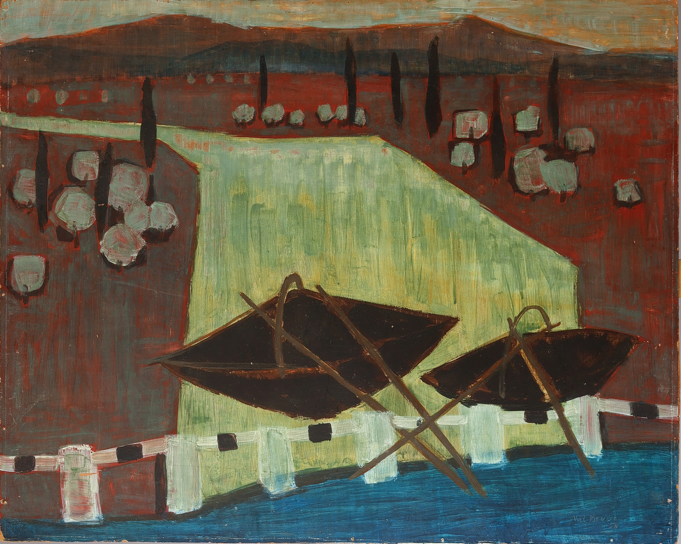 'Fiskegarn på stænger ved havet', Italien, tempera på plade, signeret og dateret 1958.