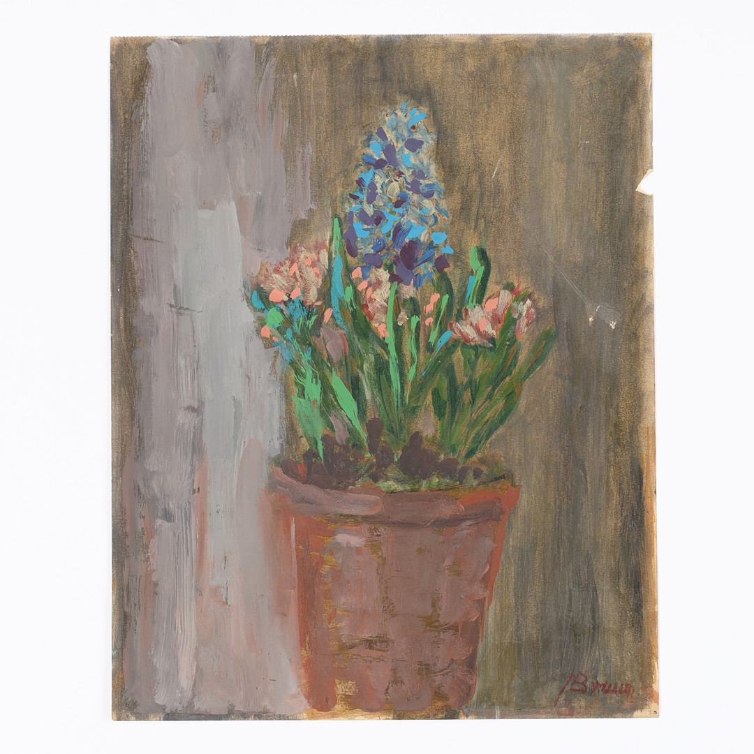 Motiv med blomster i lerpotte, mixed media på papir, signeret.
