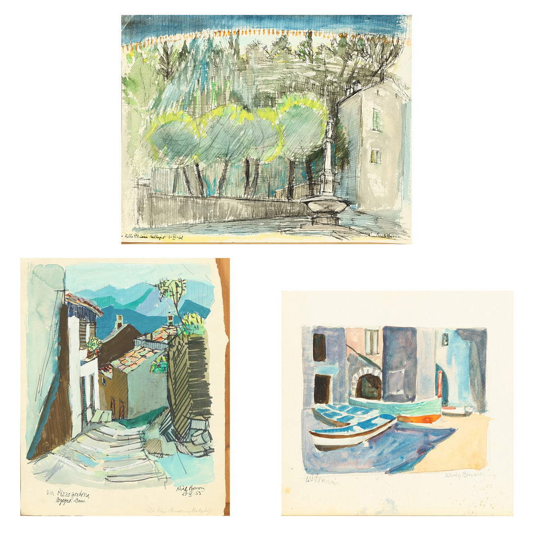 Kompositioner med motiver fra Italien, Atrani på Amalfikysten samt fra Argegno og Bellagio ved Como søen, gouache, akvarel og blæk, signerede (3).