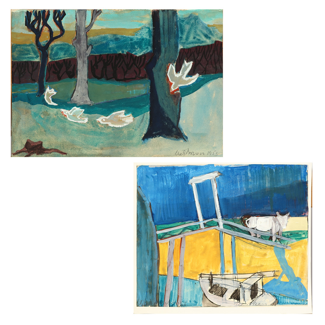 To kompositioner, 'Marsken' og motiv med flyvende fugle, gouache og akvarel, signerede og daterede 1953-56 (2).