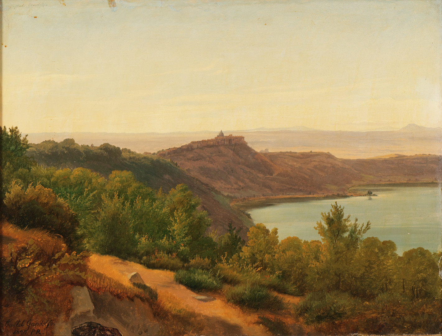 Udsigt over Albanersøen til Pavens sommerresidens Castel Gandolfo, olie på papir opklæbet på lærred, signeret og dateret 1844.