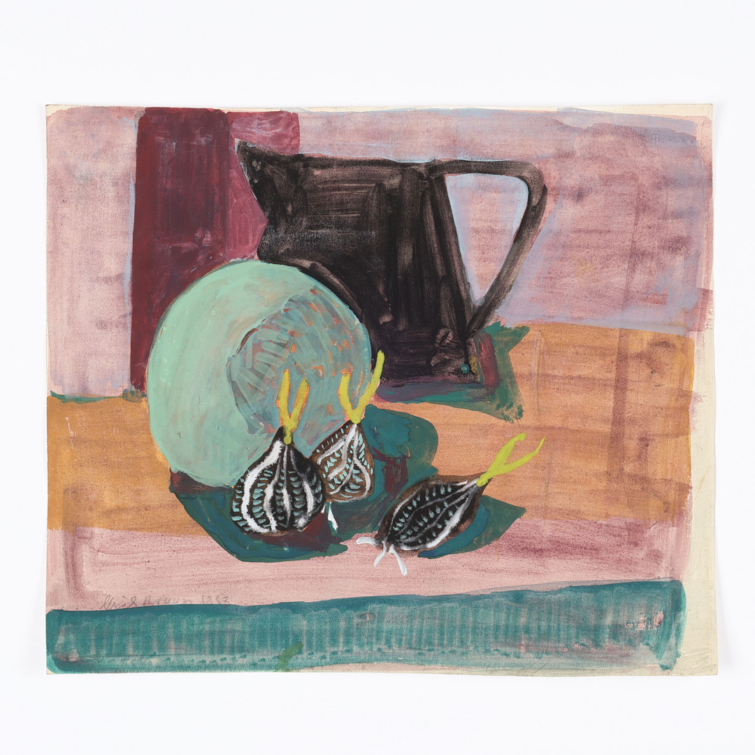 Stilleben med kande, kålhoved og spirende løg, akvarel og gouache, signeret og dateret 1953.