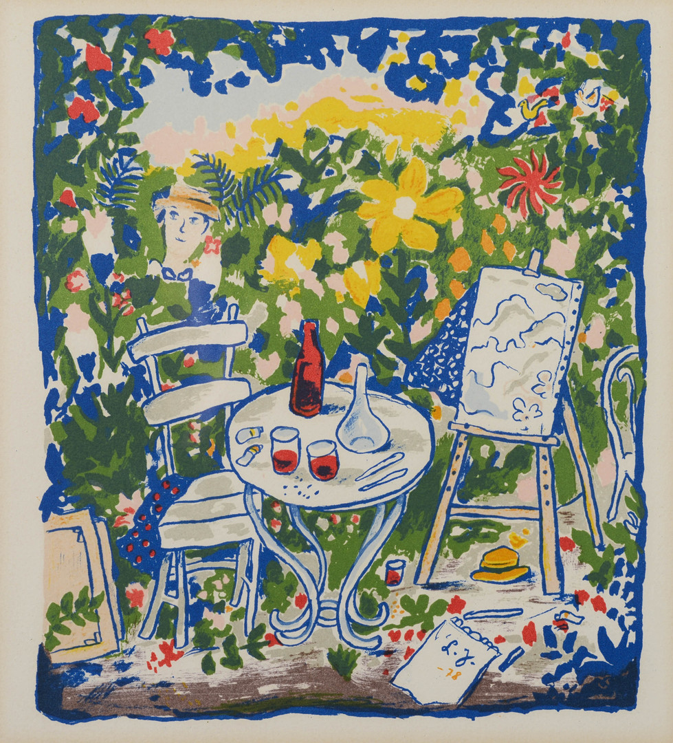 "I trädgården", färglitografi, signerad samt numrerad 210/350.