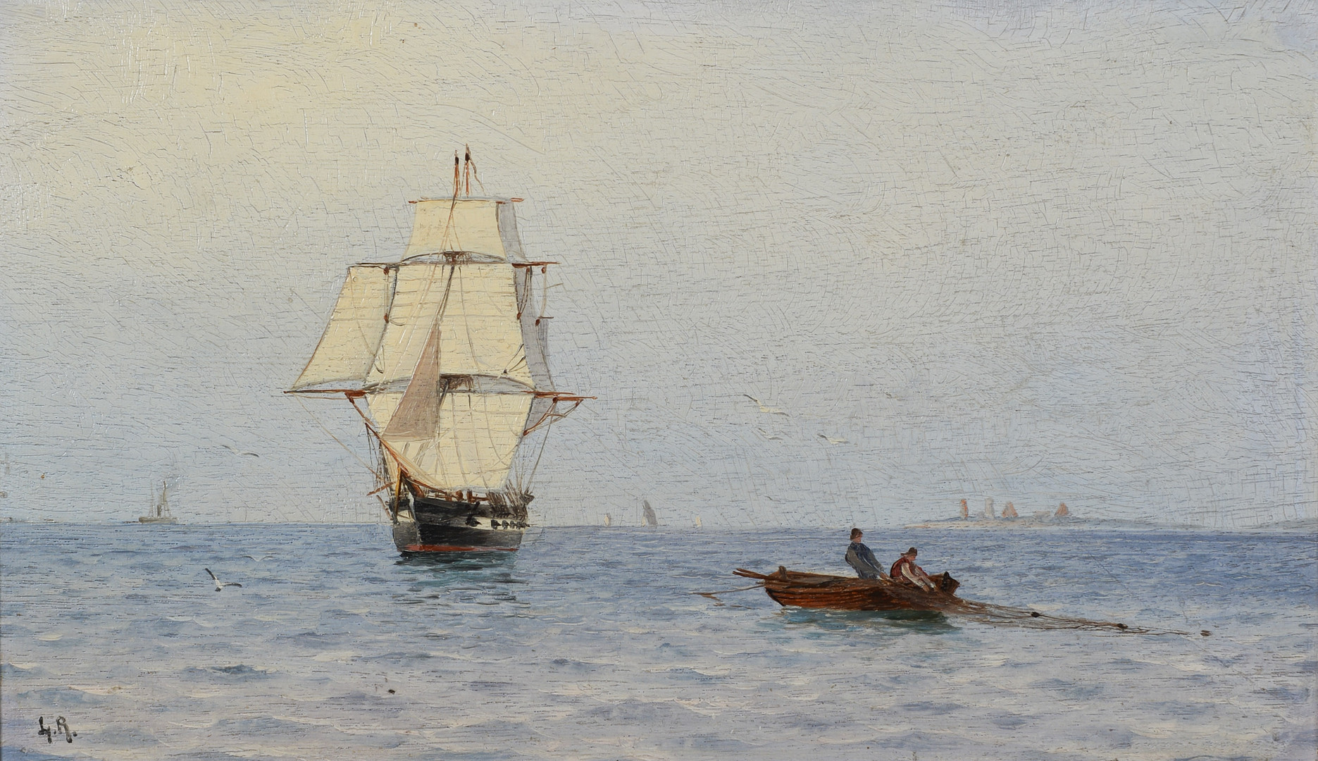 Havsmotiv med segelbåt, olja på pannå, monogramsignerad.
